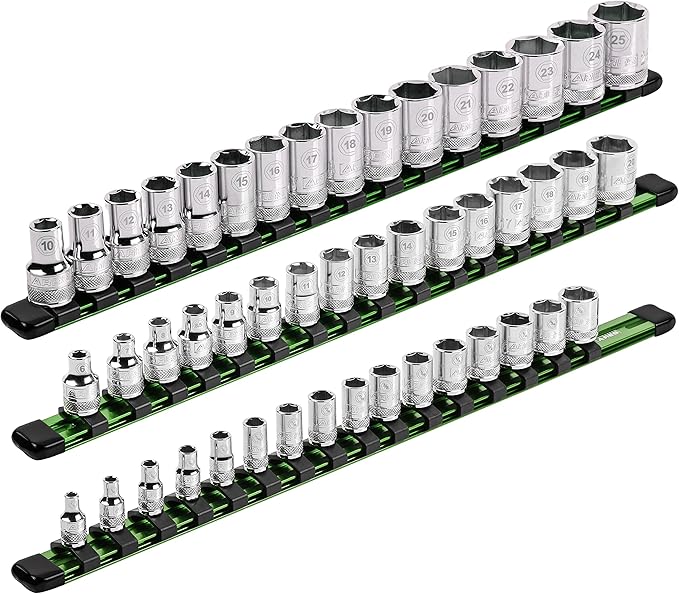 ARES 60045-3-Piece 17-Inch Green Aluminum Socket Rail Set - 1/4-Inch, 3/8-Inch, and 1/2-Inch Drive Socket Organizers Hold 48 Sockets