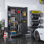 Metal Garage Storage Cabinet with Locking Doors, 71" Tall Broom Closet Storage Cabinet, Heavy Duty Garage Organization Cabinets, Steel Cabinet with Hanging Rod, Assembly Required