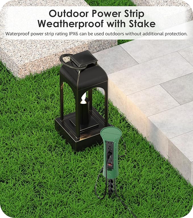 CCCEI Outdoor Power Strip Weatherproof with Stake, Waterproof Extension Cord with Multiple Outlets, Christmas Exterior Garden Decor, Yard, Camping, 4 Plugs, Surge Protector 15FT, Green.