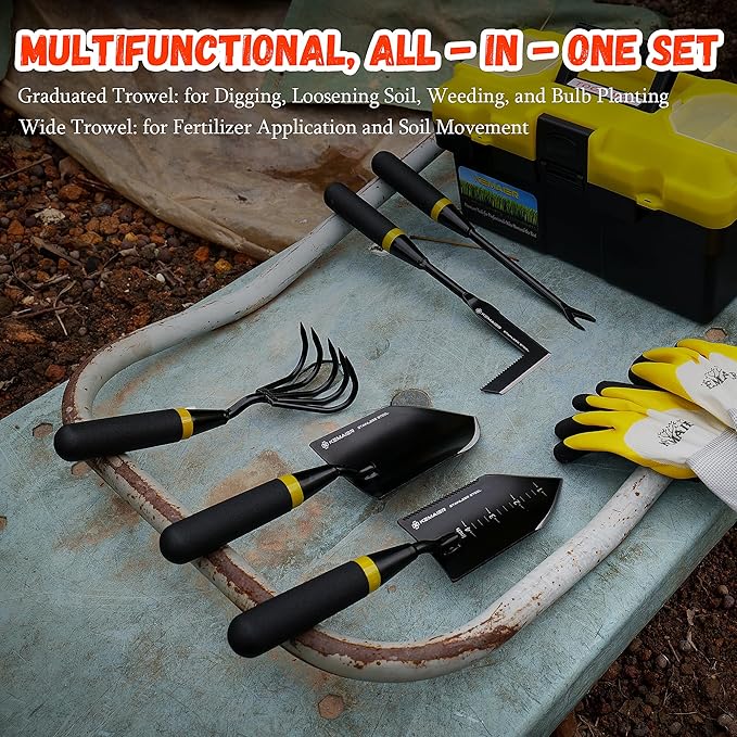 6-Piece Garden Tool Set with Storage Box, Heavy Duty Stainless Steel Gardening Hand Tools for Planting Weeding Digging, Includes Trowel, Shovel, Cultivator, Weeder, Pruner and More