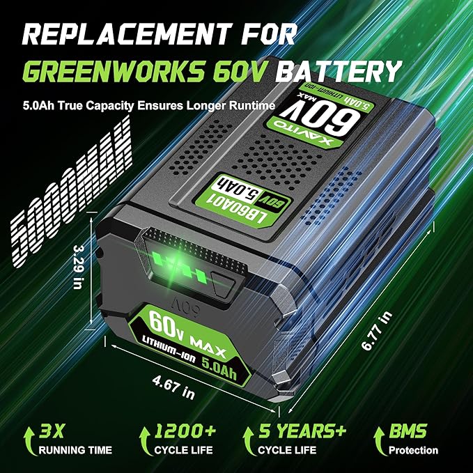 XAVITO Replacement for Greenworks 60V Battery 5.0Ah, New Upgraded 5X Longer Runtime, Compatible with Greenworks 60V Cordless Power Tool, for 60V Battery LB60A02 LB60A03 LB602 LB6025
