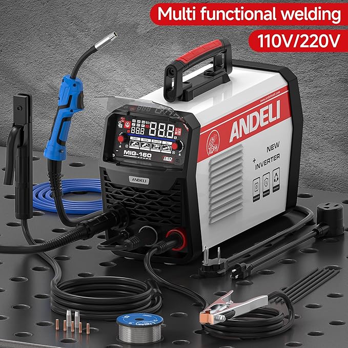 ANDELI MIG Welder, 160Apm 110V/220V Dual Voltage GAS MIG/FLUX MIG/LIFT TIG/STICK 4-In-1 Multiprocess MIG Welder, LED Digital Display Synergic Control,Gas Gasless MIG Welding Machine MIG-160 AIR