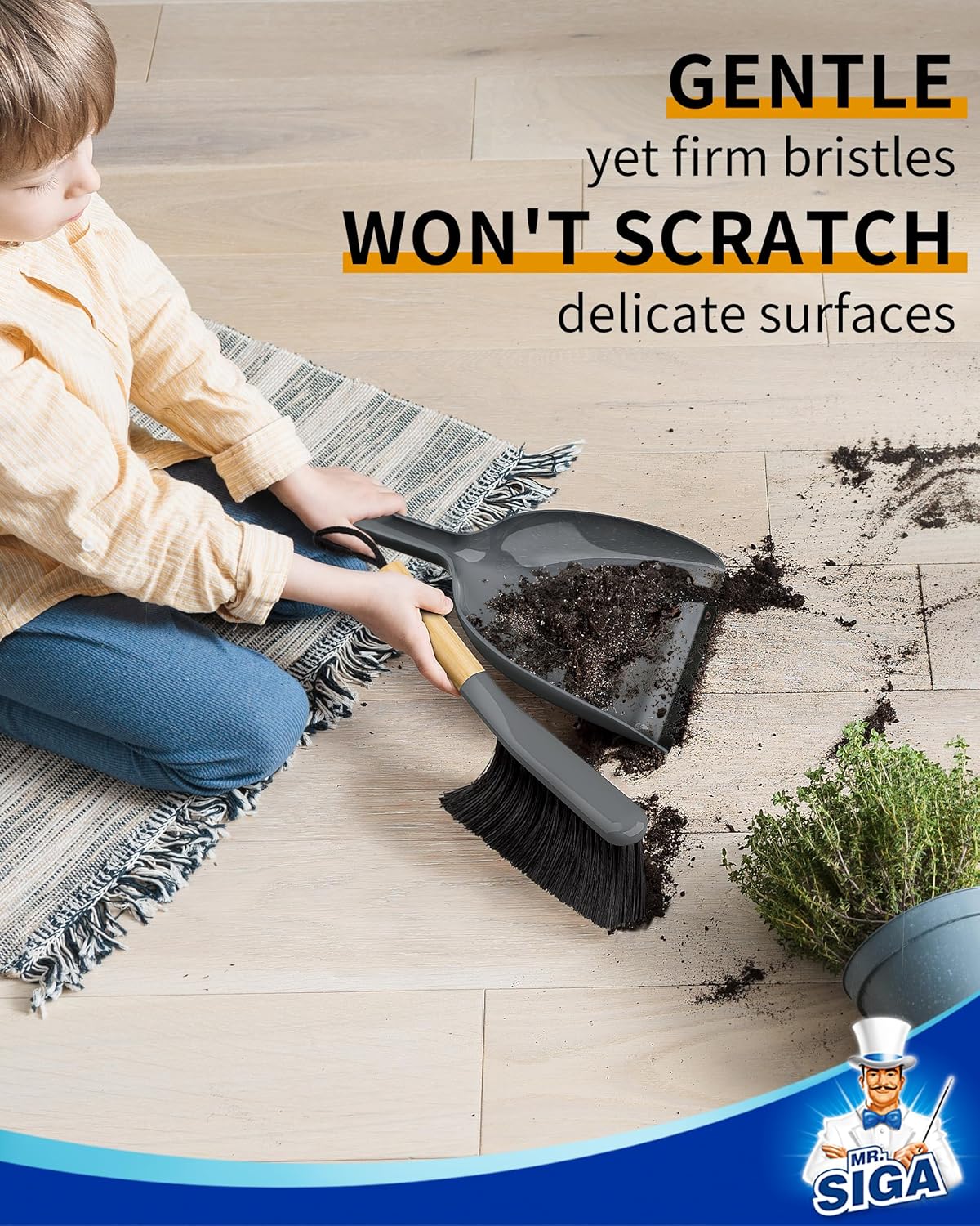 MR.SIGA Dustpan and Brush Set, Portable Cleaning Brush and Dustpan Combo with Bamboo Handle, Gray, 1 Set