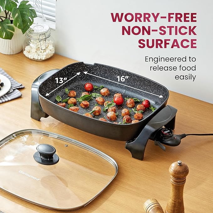 Elite Gourmet EG6203 Extra Deep 16"x13"x3.2" (10.5Qt.) Scratch Resistant, Easy Pour Spout, Dishwasher Safe, Non-stick Electric Skillet with Vented Glass Lid, Adjustable Temperature, Black