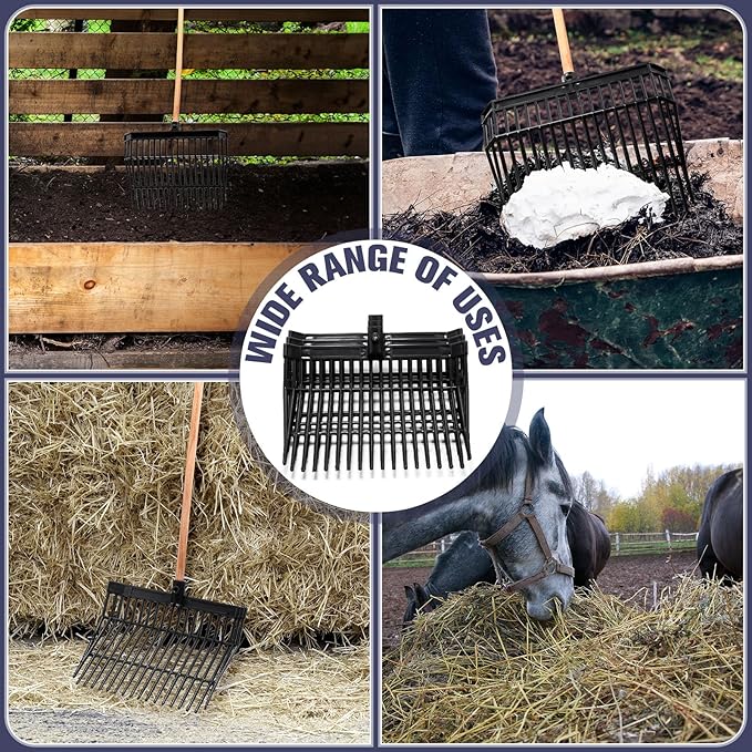 Lasnten Manure Fork Replacement Head, 18 Tines Pitchfork Head with Screws and Nuts, Horse Manure Rake for Picking up Grass and Hay(Black,2 Pcs)