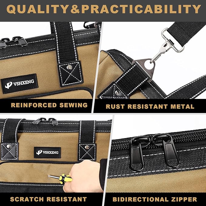 17 IN Large Tool Bag For Men Heavy Duty, Drill Bag Tool Bag Organizer, Wide Mouth Waterproof Hard Bottom Multiple Pockets Tool Tote, Tool Caddy, Maintenance