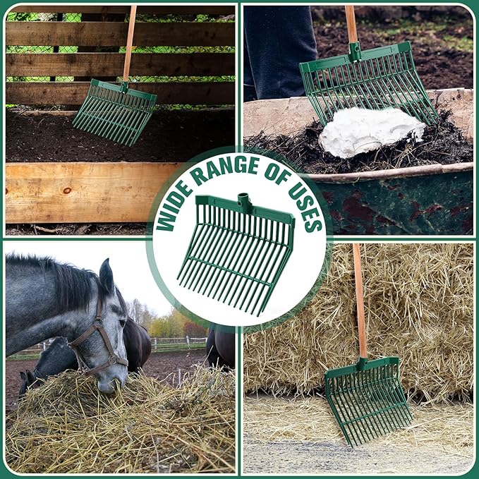 Lasnten Manure Fork Replacement Head, 18 Tines Pitchfork Head with Screws and Nuts, Horse Manure Rake for Picking up Grass and Hay(Army Green,2 Pcs)