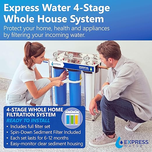 Express Water Whole House Water Filter System | ESSENTIAL | 3 Stage Whole Home Filter, Top-Tier Filters Produce Overachieving H2O, Significantly Reduces Chlorine & Sulfur Smell/Taste, Healtheir Skin