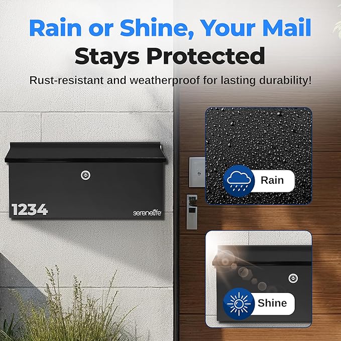SereneLife Outdoor Wall Mailbox & Newspaper Holder | 0.24 FT Cubic Mailbox | Easy Installation, Secure Lock Mechanism | Ideal for Residential or Commercial Use | Wall Mountable | 15x3x11 in | Black