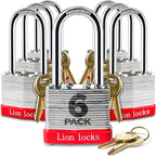 Lion Locks 6 Keyed Alike Padlocks with 2" Long Shackle, 12 Keys - Padlocks for Outdoor Use, Locks with Keys, Hardened Steel Case, Pick Resistant Brass Pin Cylinder for Hasp Latch, Locker, Gate