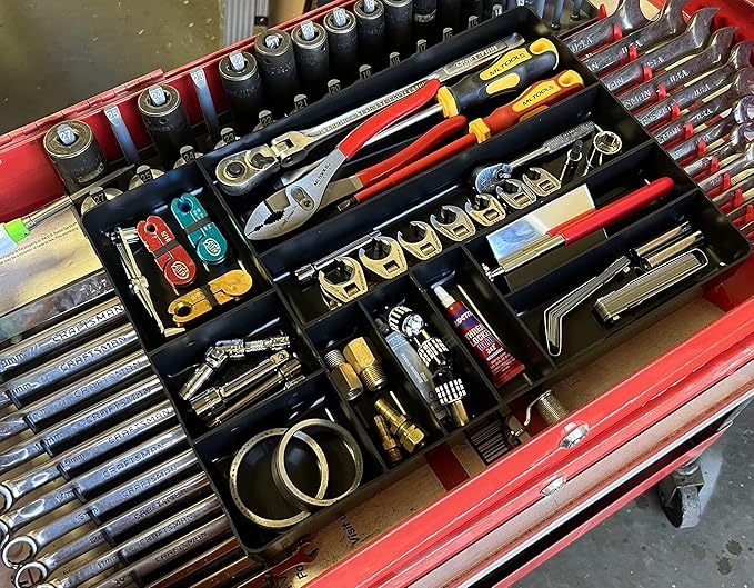 MLTOOLS Tool Drawer Organizer Tray - 10-Compartment Home & Garage Tool Tray - Stackable Workbench Toolbox Organization Holder for Small Parts, Batteries, Supplies - Made in The USA - OT10B Black