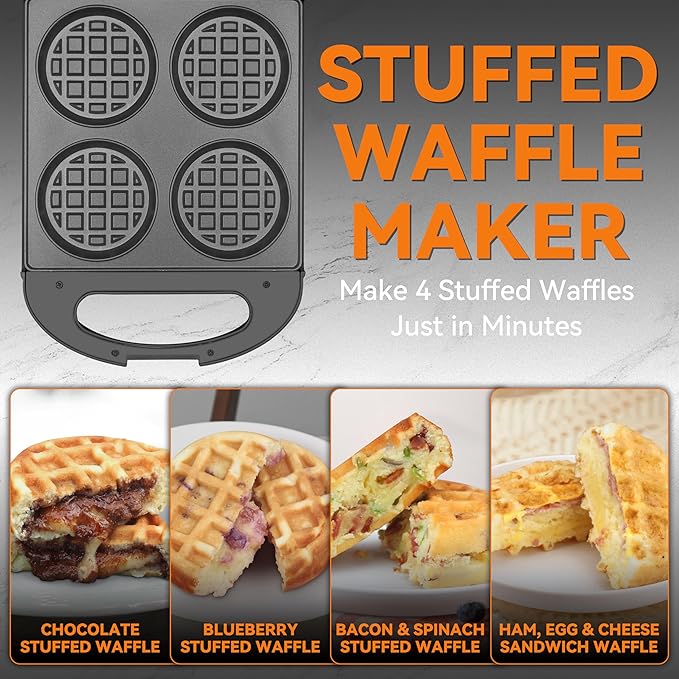 Baker's Friend Multi Stuffed Waffle Maker Thick, 4-Slice with 1.2'' Thick & 4'' Dia, Belgian Mini Waffle Maker Flip, Nonstick Breakfast Sandwich Maker, Stuffed Waffle Iron, Graphite