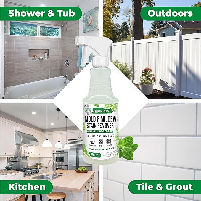 Mighty Mint Mold & Mildew Stain Remover Spray, Rapid Clean for Bathroom, Kitchen, Hard Water, Outdoors, Natural Peppermint Scent, 16oz