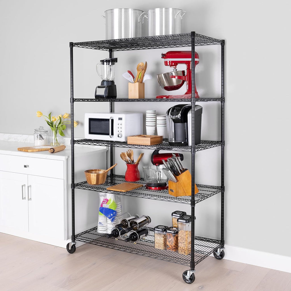 Seville Classics UltraDurable Heavy Duty NSF Solid Steel Wire Rack Storage Unit, Organizer for Garage, Warehouse, Office, Restaurant, Classroom, Kitchen, Black, 5-Tier Shelving, 48" W x 24" D
