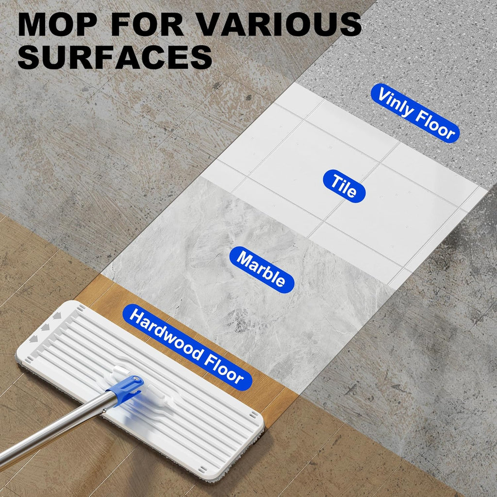 Mop and Bucket Set with Wringer, Squeeze Wall Mop Cleaner with Long Handle, Flat Mop and Bucket System, Dry & Wet Dust Mop for Household Floor Cleaning with 3 Microfiber Mops, Slate Blue