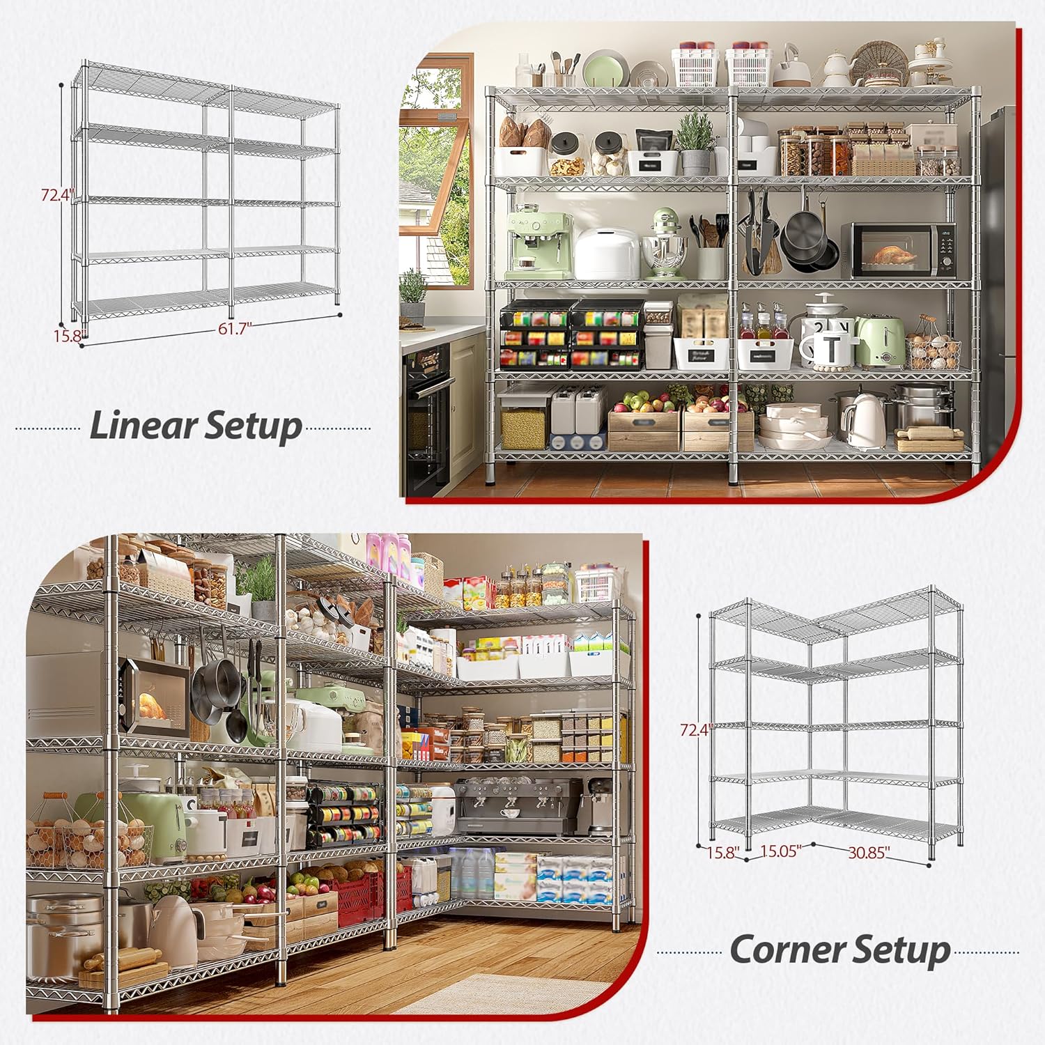 REIBII 1500LBS Storage Shelves 61.7''W Wire Shelving Unit 5 Tier Metal Shelving for Storage Rack Shelves Heavy Duty Garage Shelf Pantry Shelves Kitchen Shelving, 61.7" W*72.4" H*15.8" D, Chrome