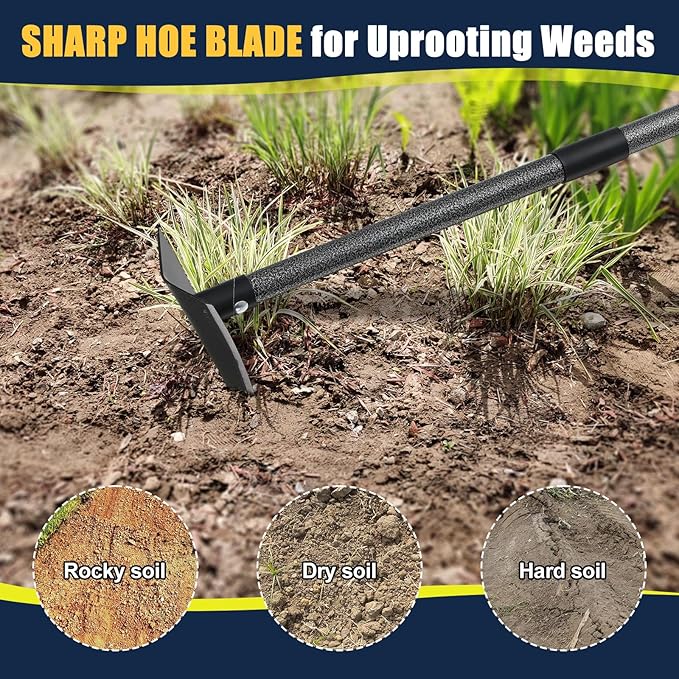 Extra-Sharp Triangular Hoe - Heavy Duty Gardening & Construction Tool with 15"-60" Adjustable Stainless Steel Pole, Detachable Design for Digging, Weeding, Trenching