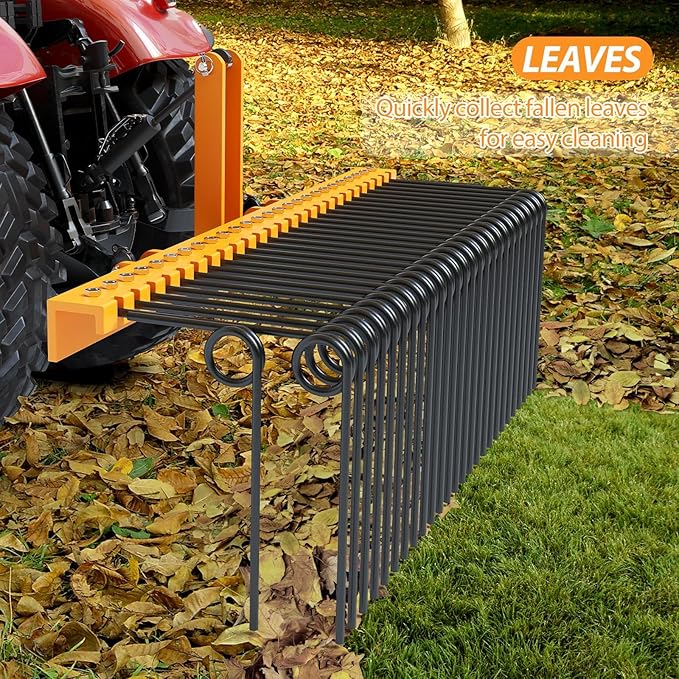 72 Inch 3 Point Tractor Rake, Pine Straw Needle Rake, Durable Powder Coated Steel Spring Landscape Rakes Fit for Cat0, Cat1, Orange
