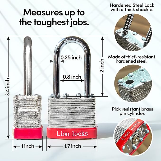 Lion Locks 24 Keyed Alike Padlocks with 2" Long Shackle, 48 Keys - Padlocks for Outdoor Use, Locks with Keys, Hardened Steel Case, Pick Resistant Brass Pin Cylinder for Hasp Latch, Locker, Gate