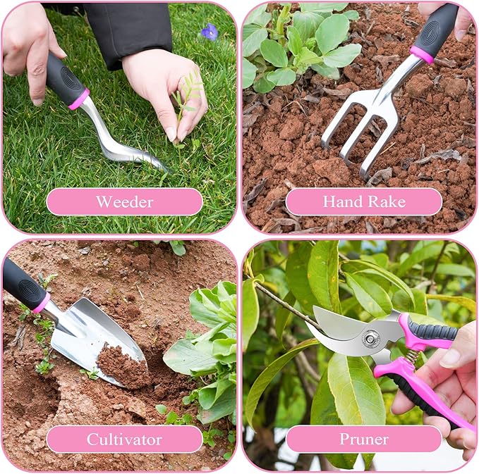 Pink Garden Tool Set Gardening Items for Women - 24PCS Heavy Duty Garden Tools with Detachable Storage Bag, Succulent Tool Set, Weeder