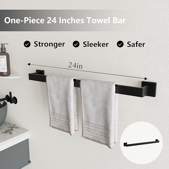 6-Piece Matte Black Bathroom Hardware Accessories Set - 24 Inch Towel Bar Set, SUS304 Stainless Steel Towel Holder Set, Hand Towel Holder, Heavy Duty Wall Mounted Modern Hand Towel Bar for Bathroom