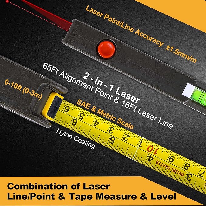 PREXISO 4-in-1 Line Laser Level Multipurpose Torpedo Level, 65Ft Alignment Point & 16Ft Laser Line & 10Ft Measure Tape Ruler & Quick Angle Setting for Hanging Picture Wall Marking Home Renovation