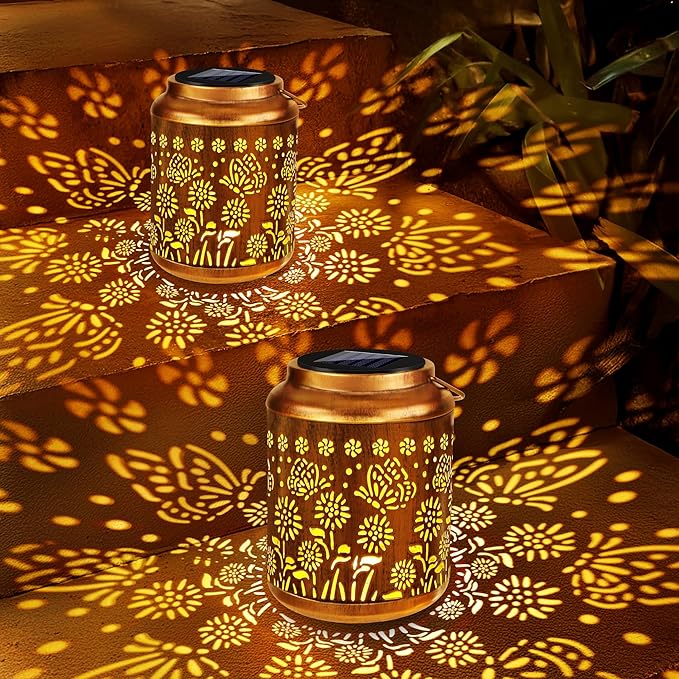 Brizled Butterfly Solar Lantern Lights 2 Pack, Warm White Christmas/Birthday Gift for Women Mom Grandma, Waterproof Hanging Solar Butterfly Lights, LED Lanterns for Garden Patio Path Tabletop Decor