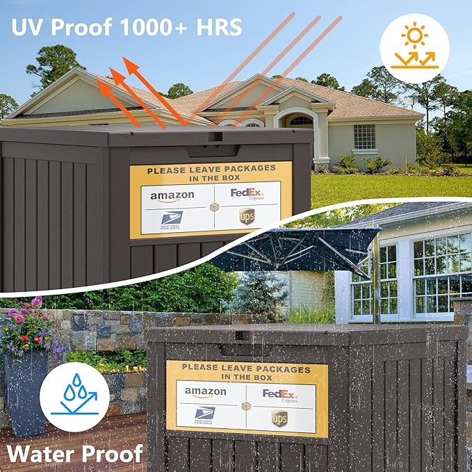 Package Delivery Box for Porch with Sign,48 Gallon Outdoor Storage with Lockable Secure, Large Double Wall Resin Outdoor Package Delivery and Waterproof