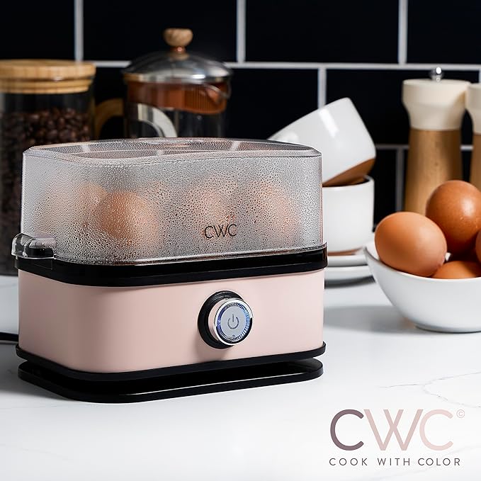 COOK WITH COLOR 6-Egg Capacity Egg Cooker – For Soft, Medium, Or Hard-Boiled Eggs, Rapid Cook Time, Auto Shut-Off & Boil-Dry Protection – Includes Tray, Measuring Cup & Lid – 210W Egg Maker, Pink