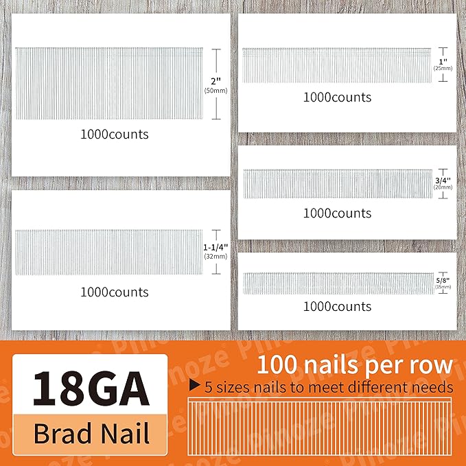 18 Gauge Brad Nails Galvanized, 5000-Count (2”, 1-1/4”, 1”, 3/4”, 5/8 Inch) 18GA Nail Gun Nails Assorted and Small Finishing Nails Assortment for Pneumatic, Electric Brad Nailer Gun