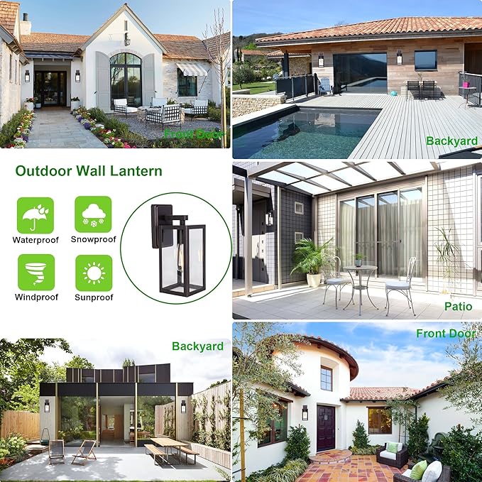 LIT-PaTH Outdoor Wall Lantern, Wall Sconce as Porch Lighting Fixture, E26 Medium Base Max 60W, Anti-Rust Metal with Glass Shade, Oil Rubbed Bronze Finish, 1-Pack