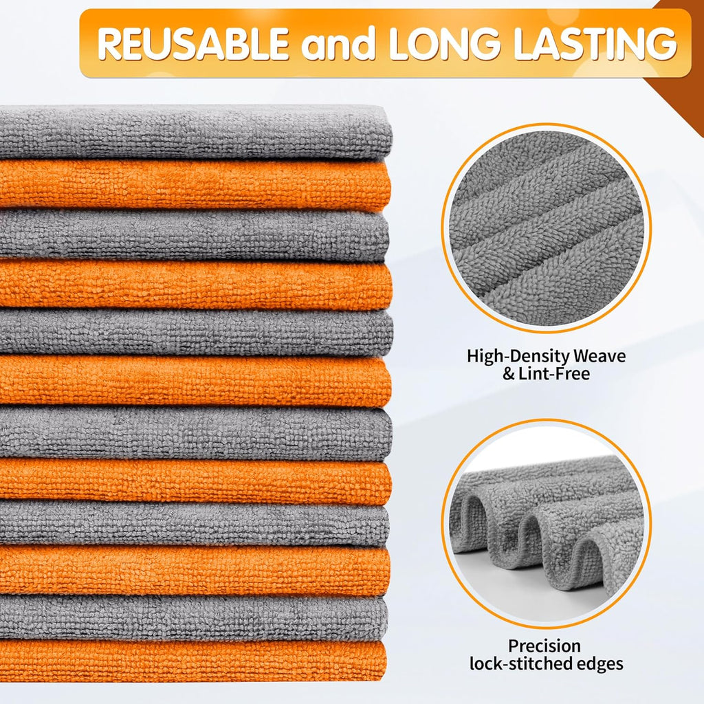 FIXSMITH Microfiber Cleaning Cloth -Pack of 12, Highly Absorbent Cleaning Rags(Grey&Orange), 16"X12" All Purpose Cleaning Towels for Housekeeping, Kitchen, Car, Reusable Microfiber Towels