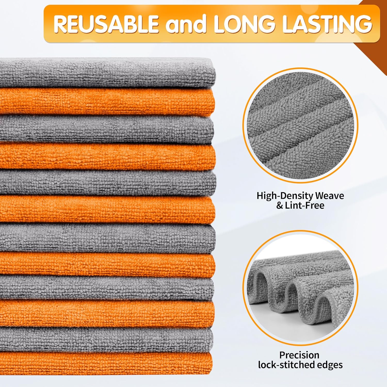 FIXSMITH Microfiber Cleaning Cloth -Pack of 12, Highly Absorbent Cleaning Rags(Grey&Orange), 16"X12" All Purpose Cleaning Towels for Housekeeping, Kitchen, Car, Reusable Microfiber Towels
