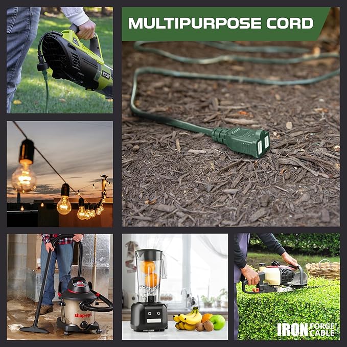 Iron Forge Cable 2 Prong Outdoor Extension Cord 10 ft - 16 Gauge 13 Amp Heavy Duty Power Extension Cords - SJTW - Great for Landscaping, Lawn, Outdoor Lights - Green