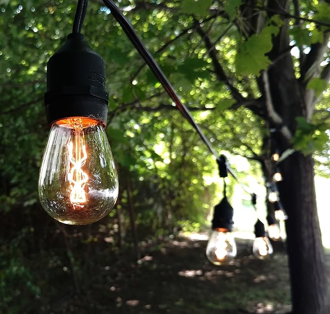 Hometown Evolution, Inc. E26 Outdoor Commercial String Lights with Suspended Socket for Weatherproof Heavy Duty Vintage Outside Lighting (S14 Zig Zag Edison 11 Watt Bulbs, 100 Foot 50 Socket)