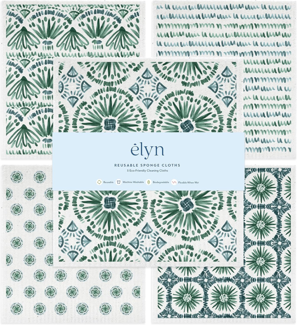 ELYN Swedish Dishcloths, Reusable & Washable Sponge Cloths, Absorbent Cleaning Paper Towels for Kitchen, Dishes, Counters and More, 5 Pack, Assorted Bohemian Patterns