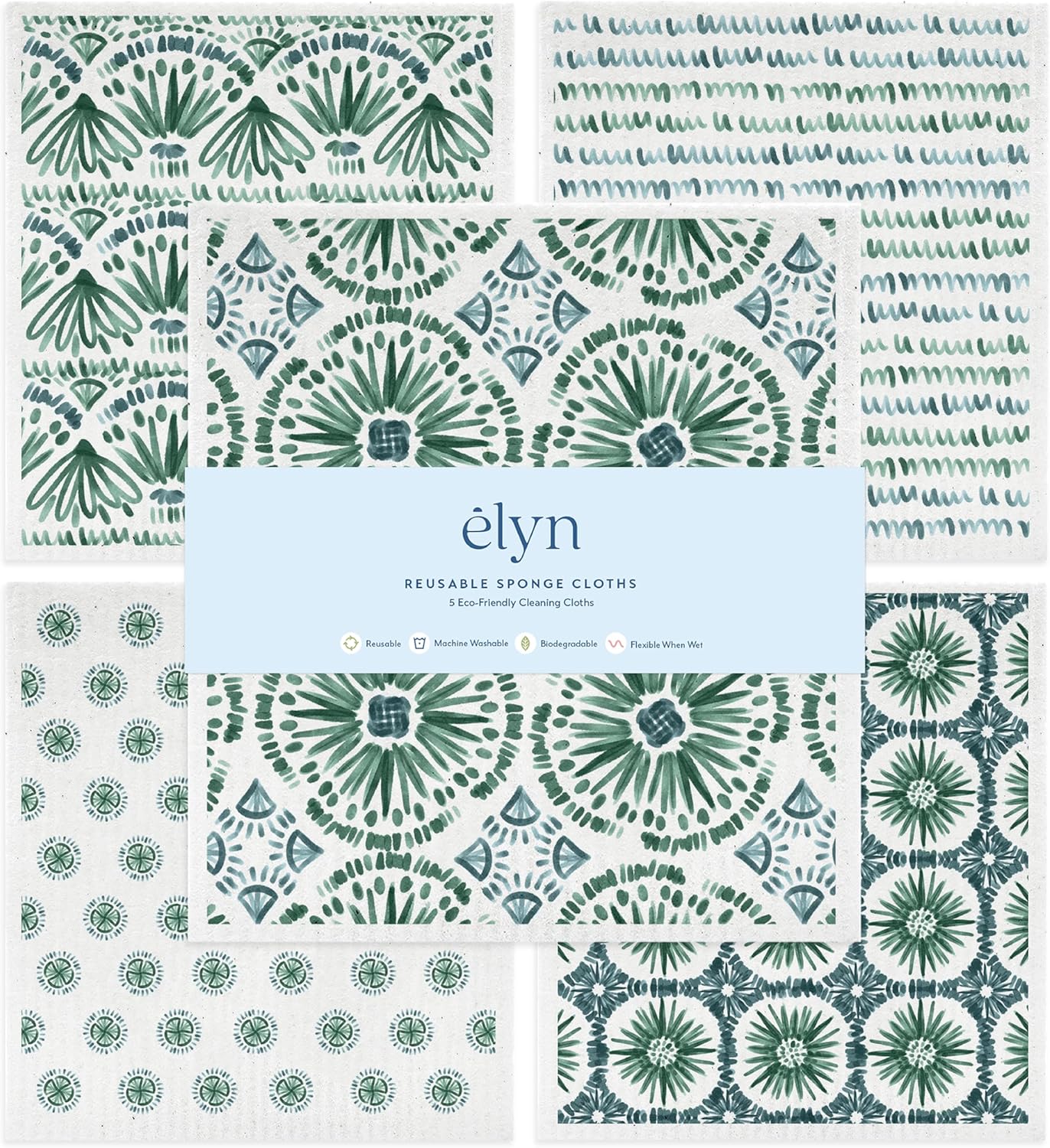 ELYN Swedish Dishcloths, Reusable & Washable Sponge Cloths, Absorbent Cleaning Paper Towels for Kitchen, Dishes, Counters and More, 5 Pack, Assorted Bohemian Patterns