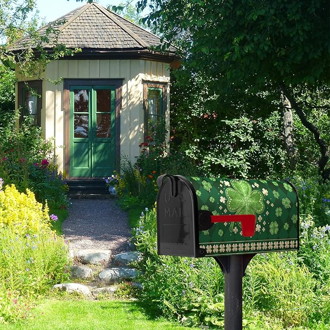 St Patrick's Day Mailbox Cover Magnetic Large Size 25.5 X 21 Inch Green Shamrock Clovers Magnetic Mailbox Covers Oversized Spring Post Letter Box Cover Wraps for Outside Garden Decor