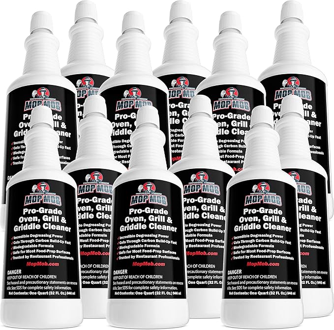 Commercial Grill and Oven Cleaner 32 Oz Concentrate 12Pk. Fast-Acting Heavy-Duty Degreaser Solution Removes Carbon, Grime, Burnt Food and Oil for Griddles Fryer Baskets and Kitchen Cooking Surfaces.