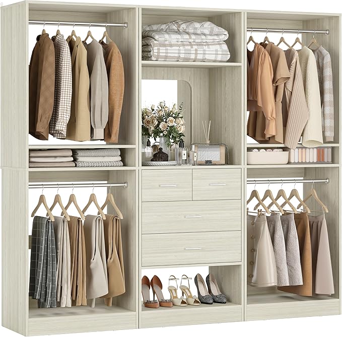 Unikito 75” Closet System with 4 Drawers, 6.3FT Wood Walk in Closet Organizer with Hanging Rods and Mirror, Reversible Large Closet Wardrobe with Shelves, Max Load 2000 LBS, White Oak