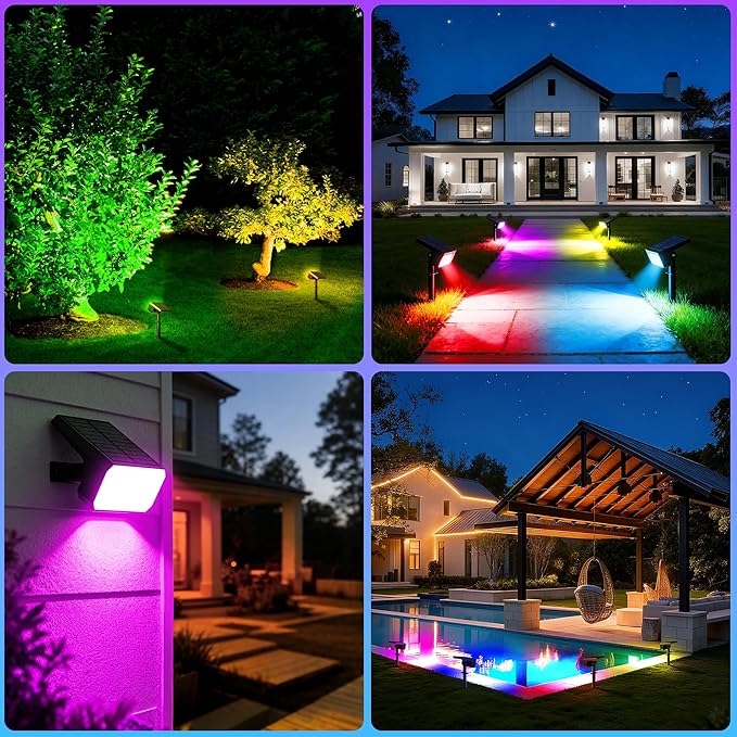 Solar Spot Lights Outdoor Color Changing, [4 pack/28 LED] 7 Modes Auto On/Off Solar Landscape Spotlights, Ip67 Waterproof Solor Powered Pathway Lights for Outside Yard Garden Walkway Tree Patio