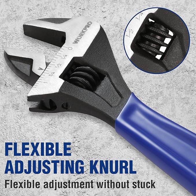 WORKPRO 3-piece Adjustable Wrench Set, 6-Inch & 8-Inch & 10-Inch Wrenches, Wide Jaw Black Oxide Wrench, Metric & SAE Scales, Cr-V Steel, for Home, Garage, Workshop