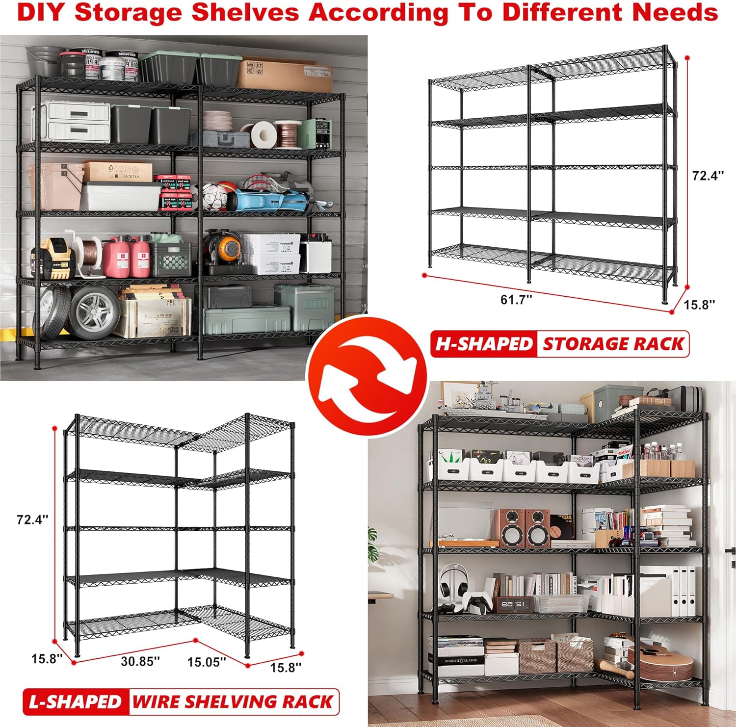 REIBII 5-Tier Heavy Duty Metal Wire Shelves, Industrial Style, 61.7"W x 72.4"H x 15.8"D, 1500 LBS Capacity, Adjustable, Rust Resistant, 2 Pack