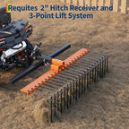 Tow Behind Landscape Rake, 60" Tow Dethatcher with 21 Steel Coil Tines, Lawn Dethatcher Rake Attaches to 48" or 60" Toolbars and 3-Point Suspension Systems, for Leaves, Pine Needles, and Grass, Orange