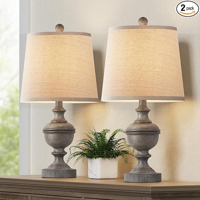 PARTPHONER Retro Table Lamps Set of 2, Bedside Lamp for Bedroom Rustic Farmhouse Table Lamps for Living Room, Vintage Nightstand Lamps with White Shades, Grey