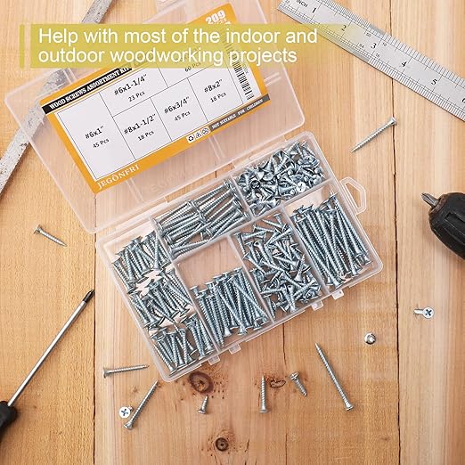 High Hardness Wood Screws Assortment Kit, 209 pcs, Phillips Drive Flat Head, Wood Screws, Screws, Drywall Screws, Assorted Screws, Screws Set, 6 Sizes (2”,1-1/2”,1-1/4”,1”,3/4”,1/2”)