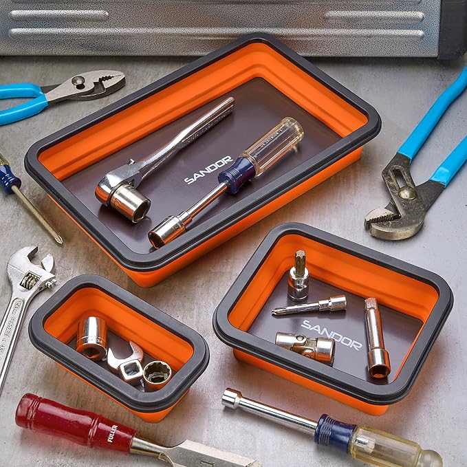 SANDOR Collapsible Magnetic Parts Tray Set - 3 Different Size Tool Trays for Screw, Bolts, Nuts, Washers, Pins and Other Small Metal Parts, Mechanic Tool Gifts for Men - Orange