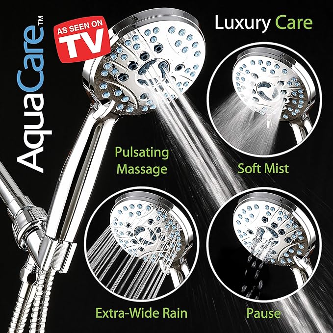 Hotel Spa AquaCare High Pressure 8-Mode Handheld Shower Head - Anti-clog Nozzles, Built-in Power Wash to Clean Tub, Extra Long 6 ft. Stainless Steel Hose, Wall & Overhead Brackets