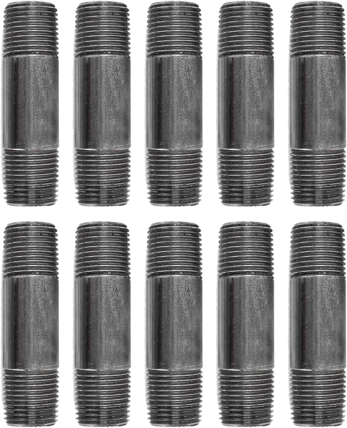 PIPE DÉCOR 1/2" x 3" Malleable Cast Iron Pipe Nipple, Pre Cut Connectors, Industrial Steel Grey Fits Standard Half Inch Black Threaded Pipes Nipples and Fittings, Vintage DIY Furniture, 10 Pack