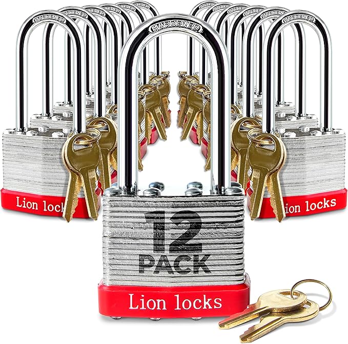 Lion Locks 12 Keyed Alike Padlocks with 2" Long Shackle, 24 Keys - Padlocks for Outdoor Use, Locks with Keys, Hardened Steel Case, Pick Resistant Brass Pin Cylinder for Hasp Latch, Locker, Gate